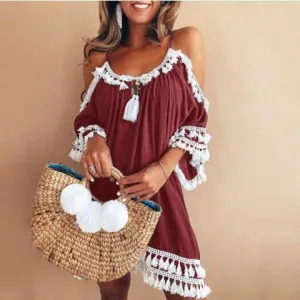 Clearance Bare Shoulder Tassels Scoop Women Loose Short Dress