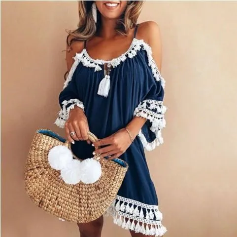 Clearance Bare Shoulder Tassels Scoop Women Loose Short Dress