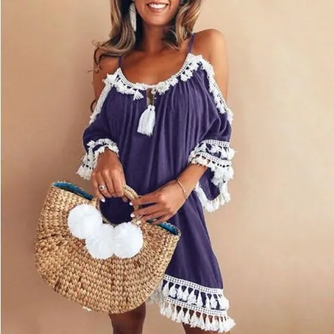 Clearance Bare Shoulder Tassels Scoop Women Loose Short Dress