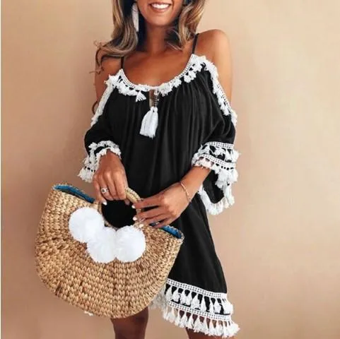 Clearance Bare Shoulder Tassels Scoop Women Loose Short Dress
