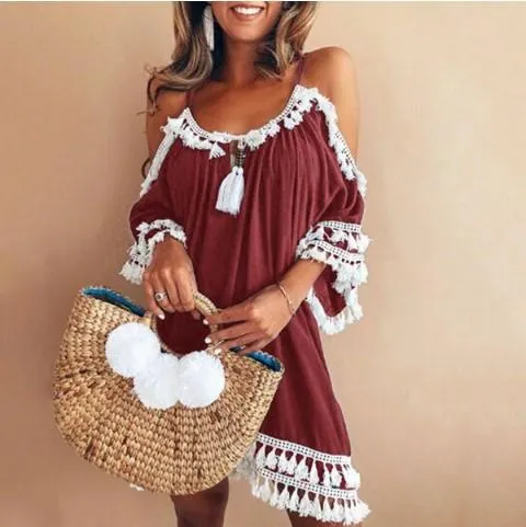 Clearance Bare Shoulder Tassels Scoop Women Loose Short Dress