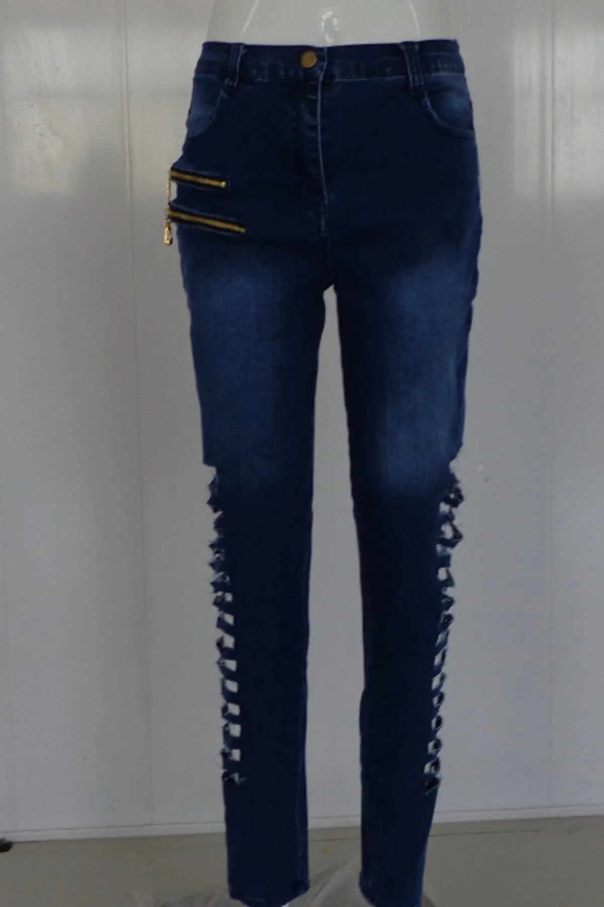Cut Out Pure Color Holes Zipper Slim Long Jeans