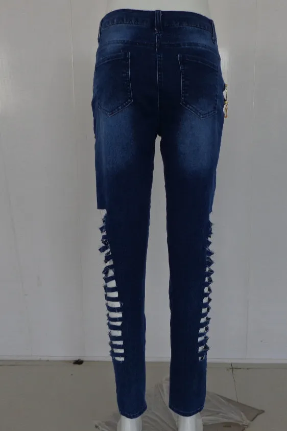 Cut Out Pure Color Holes Zipper Slim Long Jeans
