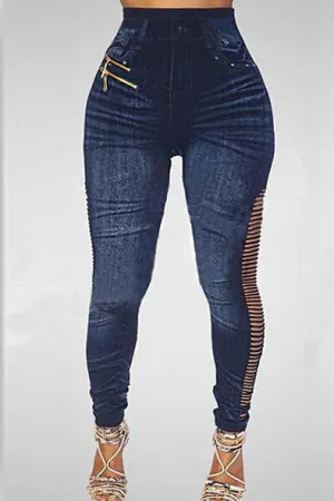 Cut Out Pure Color Holes Zipper Slim Long Jeans