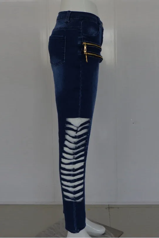 Cut Out Pure Color Holes Zipper Slim Long Jeans