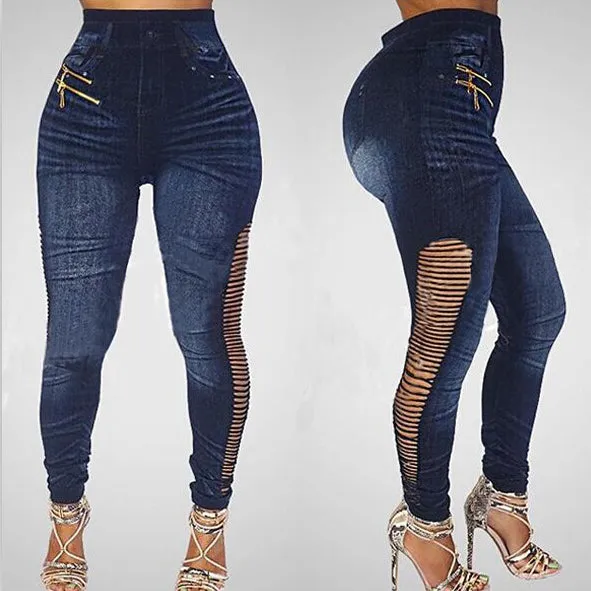 Cut Out Pure Color Holes Zipper Slim Long Jeans