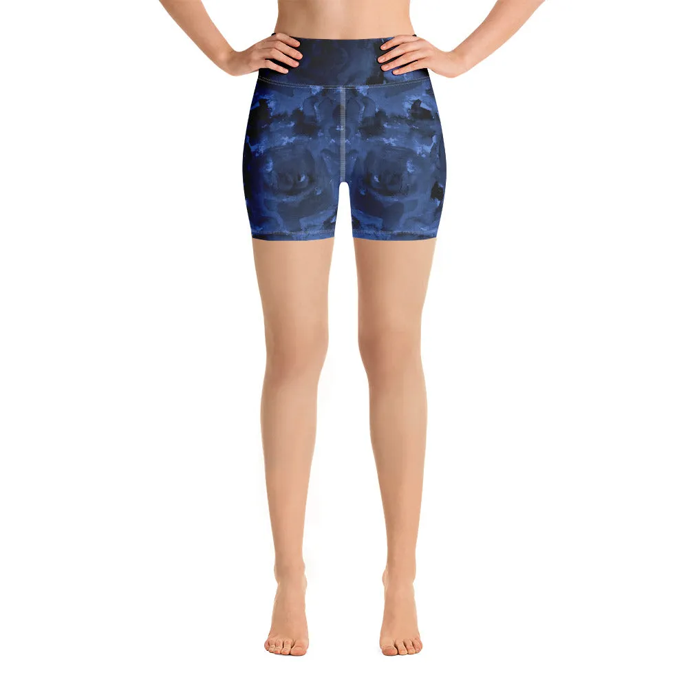Dark Blue Floral Yoga Shorts, Abstract Women's Short Tights-Made in USA/EU (US Size: XS-XL)