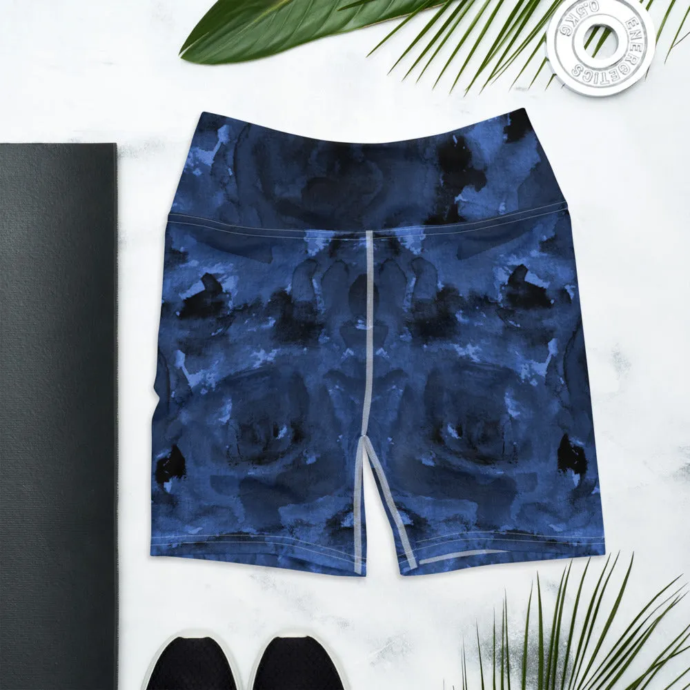 Dark Blue Floral Yoga Shorts, Abstract Women's Short Tights-Made in USA/EU (US Size: XS-XL)