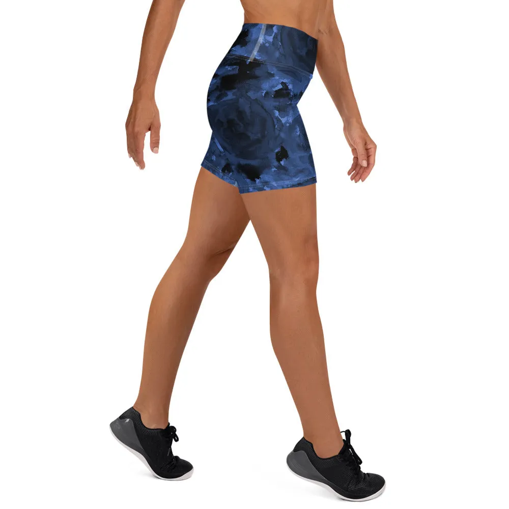 Dark Blue Floral Yoga Shorts, Abstract Women's Short Tights-Made in USA/EU (US Size: XS-XL)