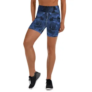 Dark Blue Floral Yoga Shorts, Abstract Women's Short Tights-Made in USA/EU (US Size: XS-XL)