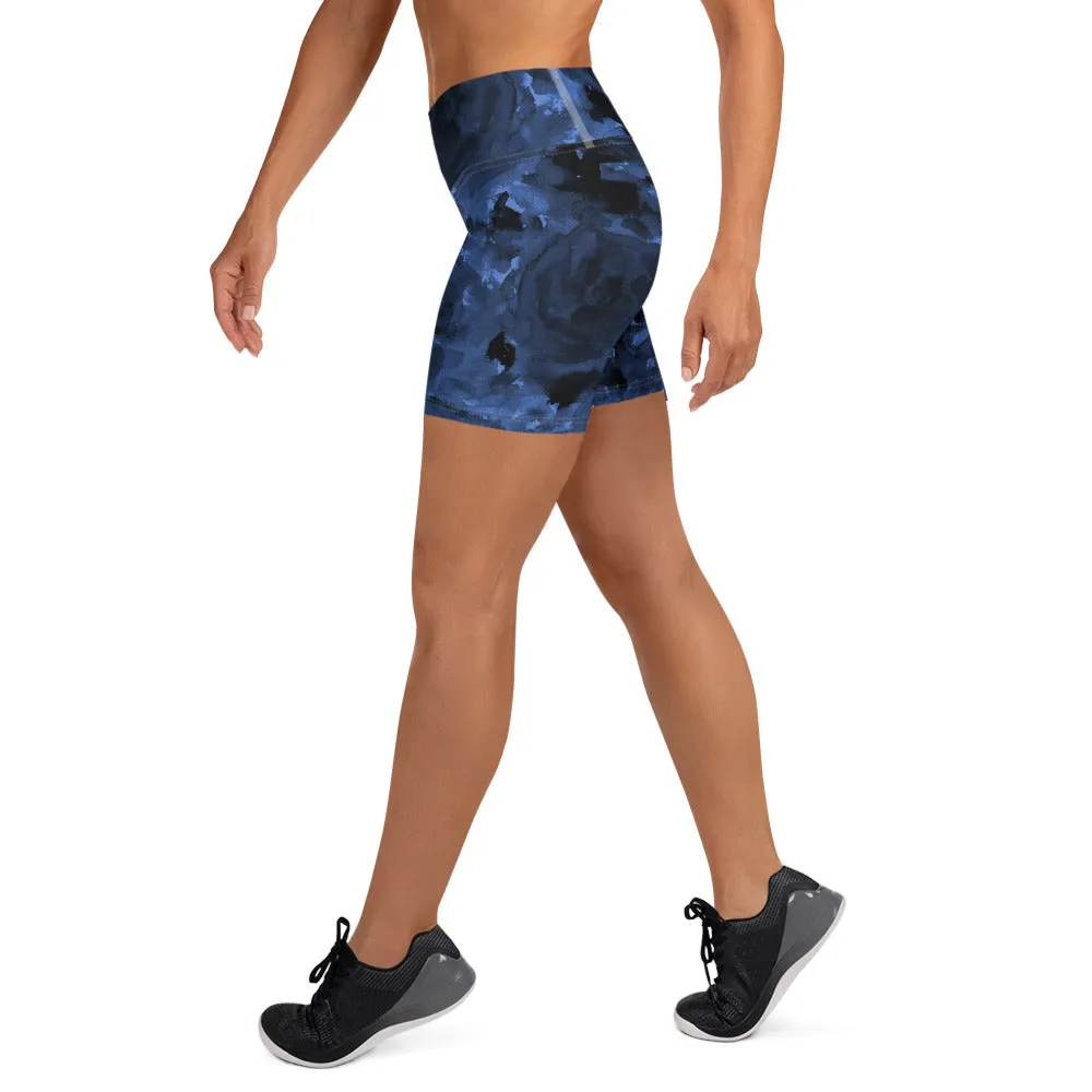 Dark Blue Floral Yoga Shorts, Abstract Women's Short Tights-Made in USA/EU (US Size: XS-XL)