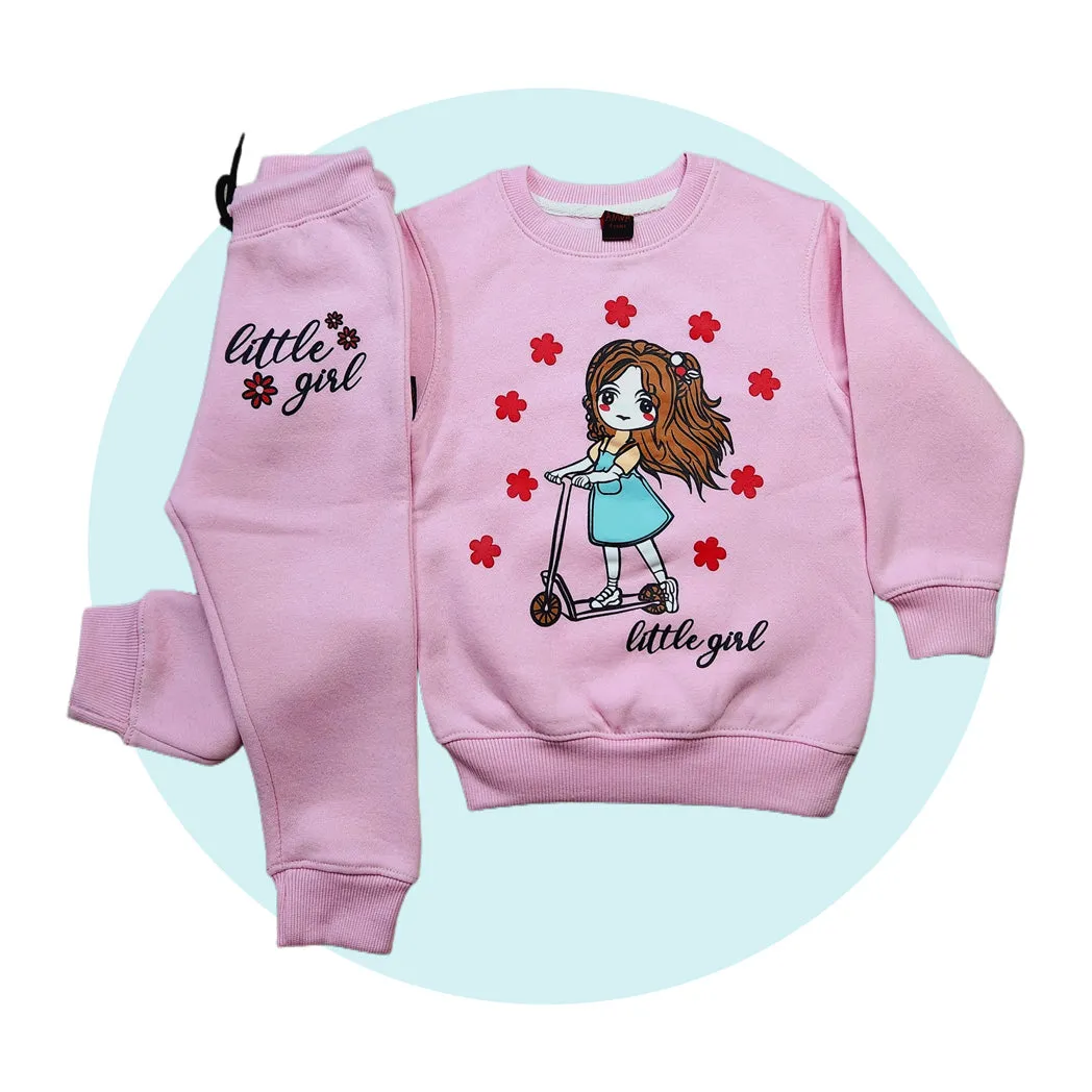 Doll-Printed Baby Pink Fleece Tracksuit