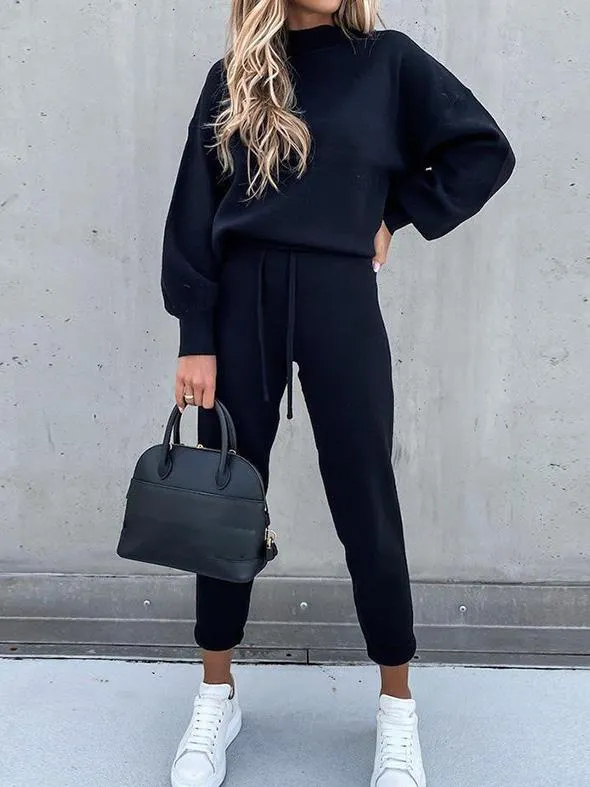 Dunnmall Women's Sets High Collar Casual Solid Trousers Pocket Two-piece Suit
