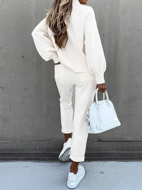 Dunnmall Women's Sets High Collar Casual Solid Trousers Pocket Two-piece Suit