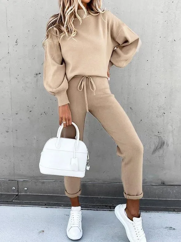 Dunnmall Women's Sets High Collar Casual Solid Trousers Pocket Two-piece Suit