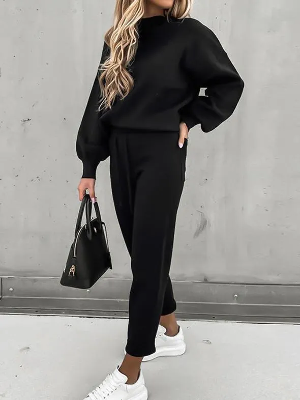 Dunnmall Women's Sets High Collar Casual Solid Trousers Pocket Two-piece Suit