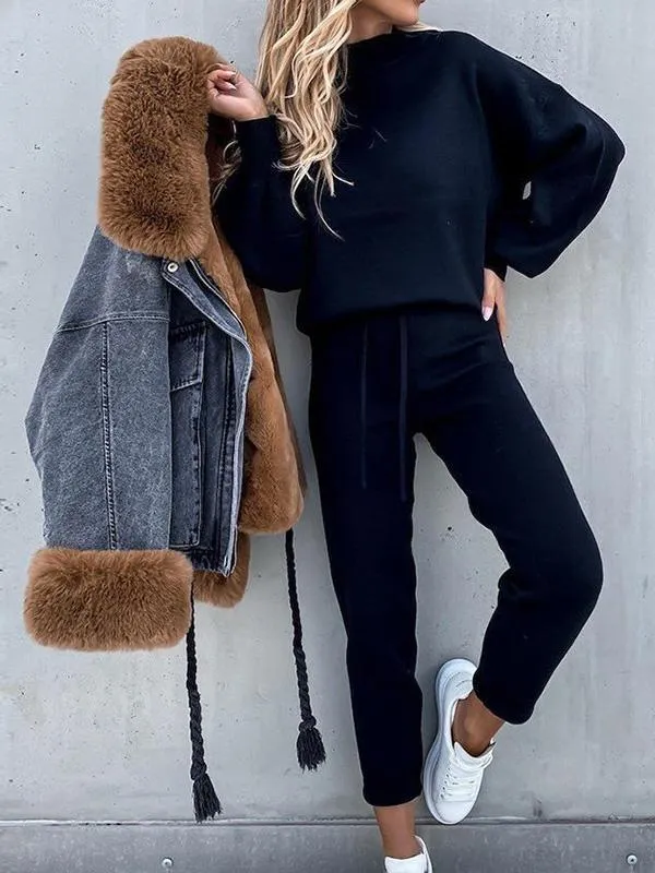 Dunnmall Women's Sets High Collar Casual Solid Trousers Pocket Two-piece Suit