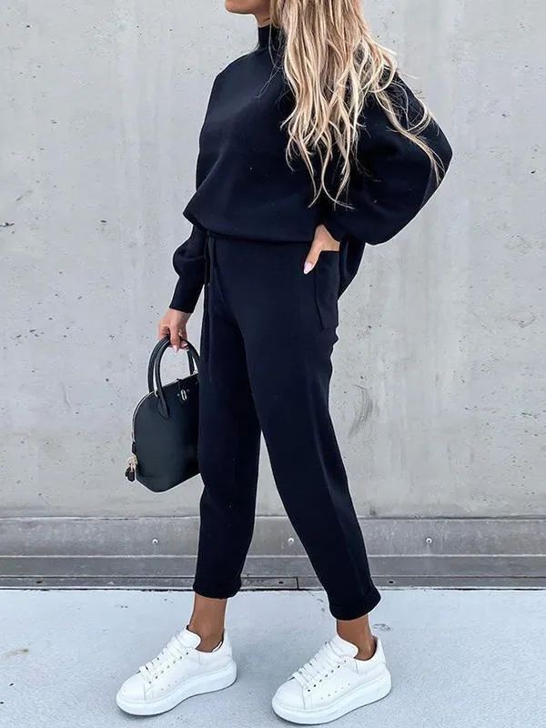 Dunnmall Women's Sets High Collar Casual Solid Trousers Pocket Two-piece Suit