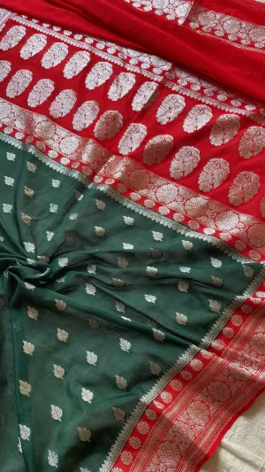 Elegant and Timeless: Handwoven Green Pure Chiffon Banarasi Sari