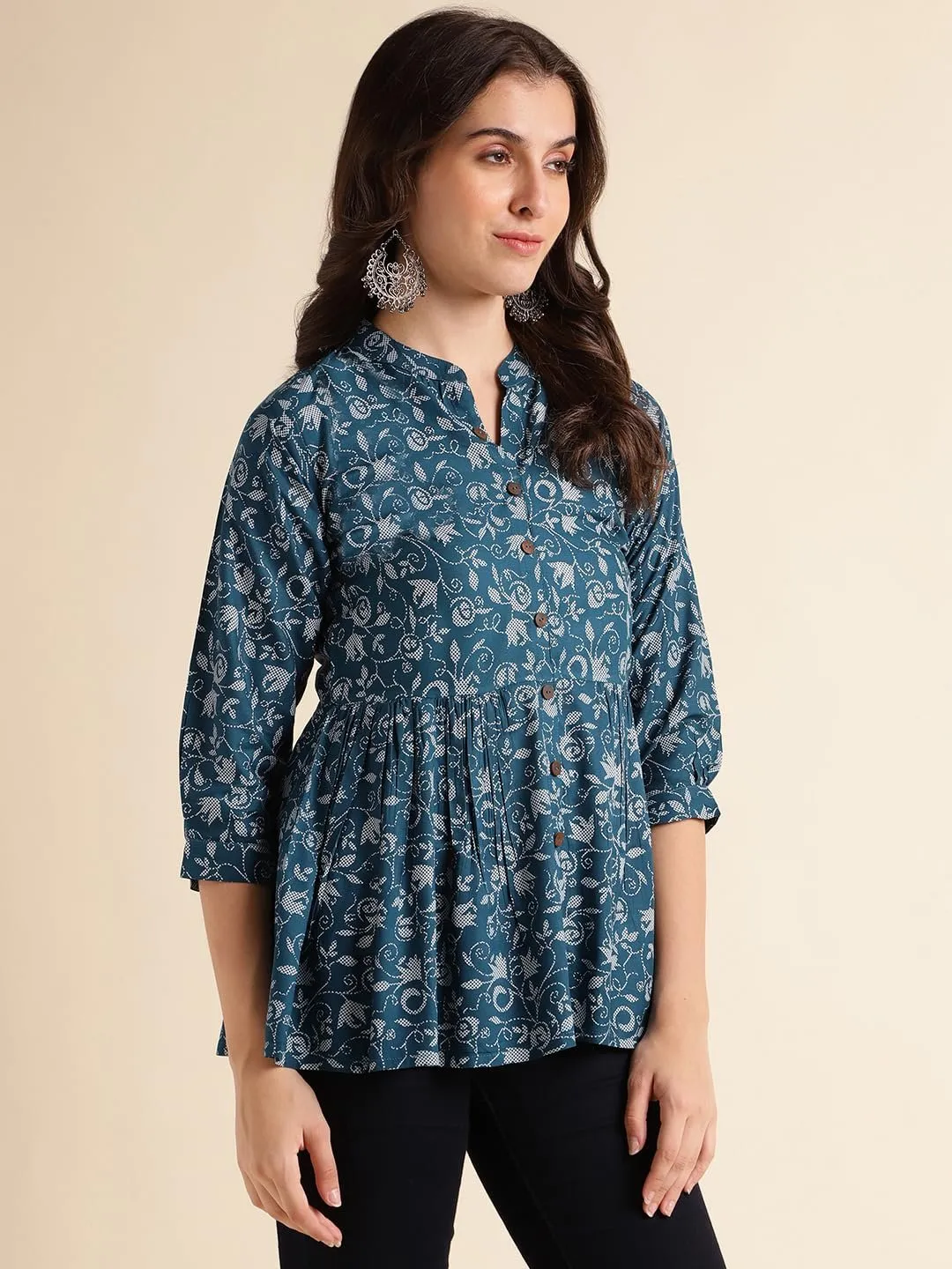 Floral Printed A-Line Chinese Collar Tunic Tops/Short Kurti