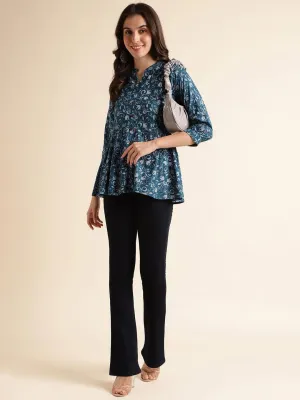 Floral Printed A-Line Chinese Collar Tunic Tops/Short Kurti