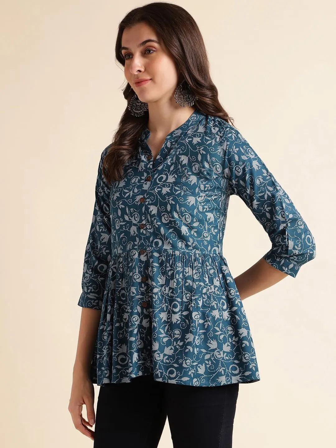 Floral Printed A-Line Chinese Collar Tunic Tops/Short Kurti