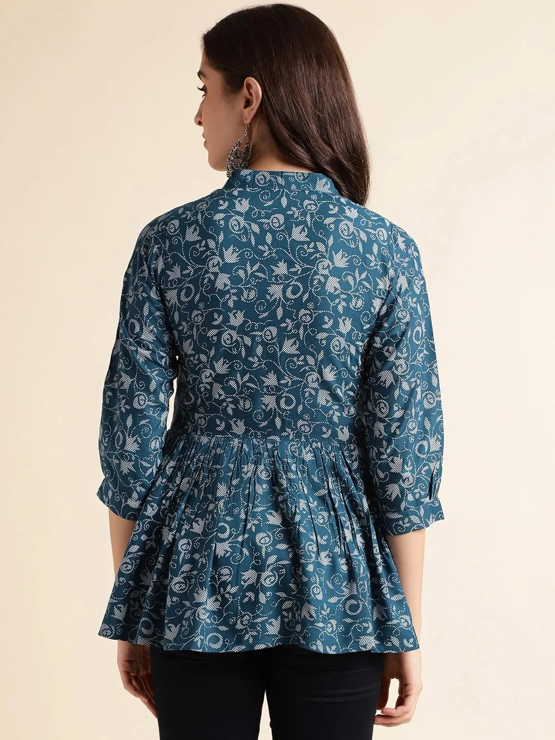 Floral Printed A-Line Chinese Collar Tunic Tops/Short Kurti