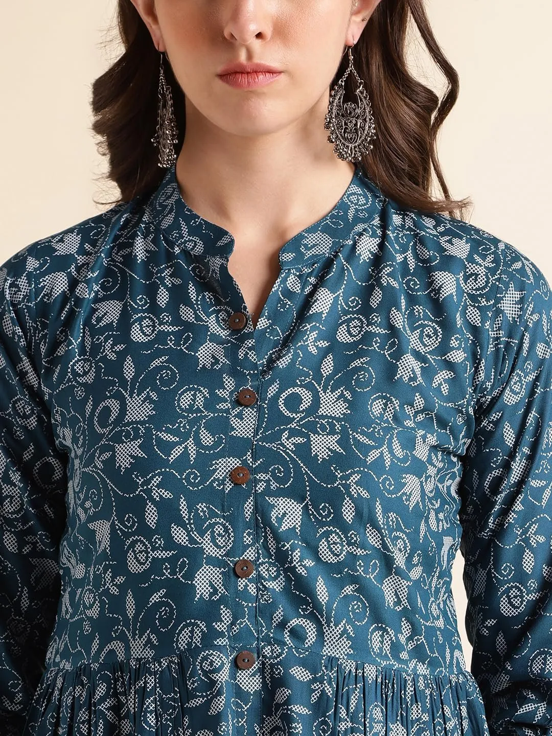Floral Printed A-Line Chinese Collar Tunic Tops/Short Kurti