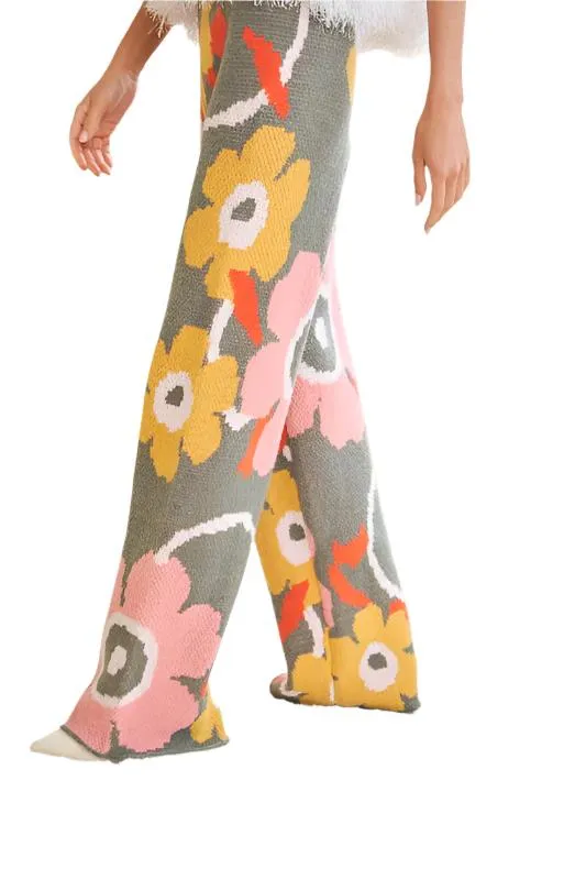 Flower Printed Casual Cozy Full Long Wide Pants
