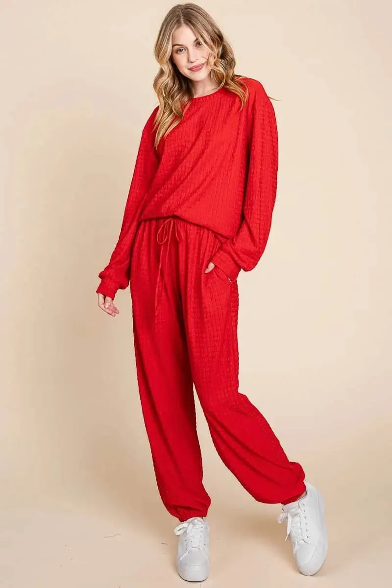 Full Size Crinkle Check Round Neck Top and Pants Lounge Set