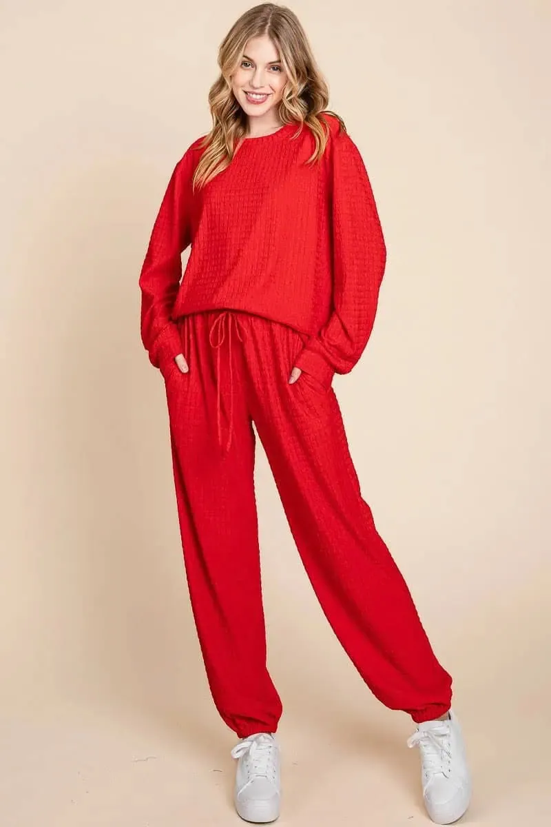 Full Size Crinkle Check Round Neck Top and Pants Lounge Set