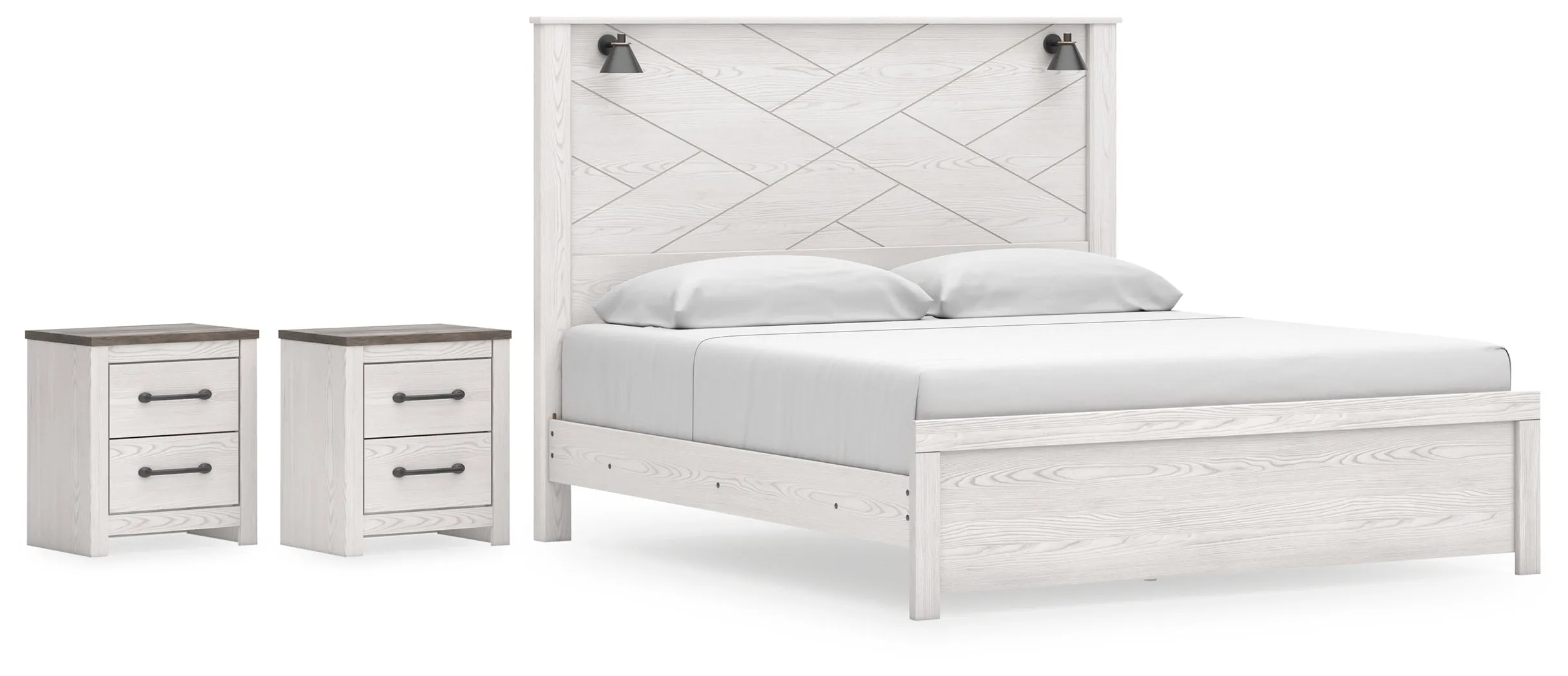 Gerridan King Panel Bed with 2 Nightstands in White/Gray