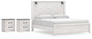 Gerridan King Panel Bed with 2 Nightstands in White/Gray