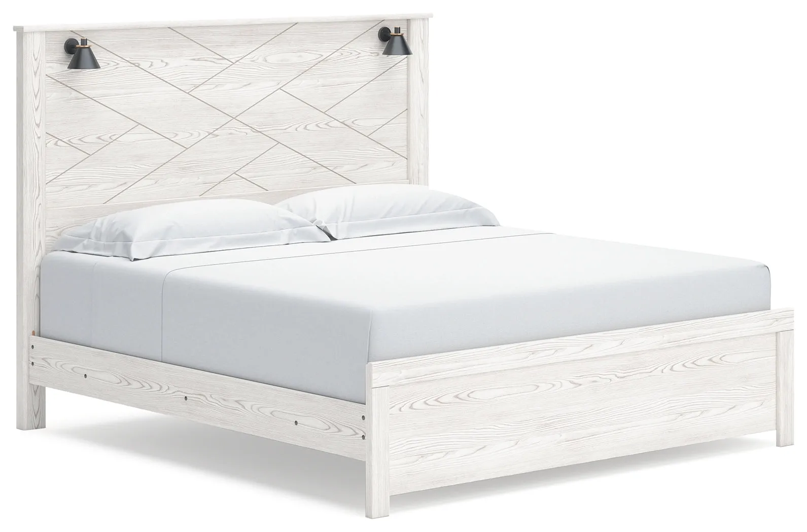 Gerridan King Panel Bed with Mirrored Dresser, Chest and Nightstand in White/Gray