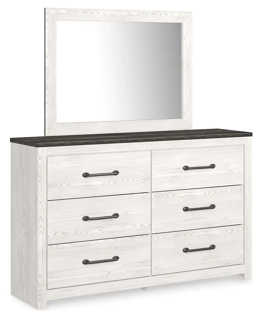 Gerridan King Panel Bed with Mirrored Dresser, Chest and Nightstand in White/Gray