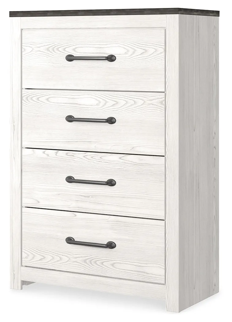 Gerridan King Panel Bed with Mirrored Dresser, Chest and Nightstand in White/Gray