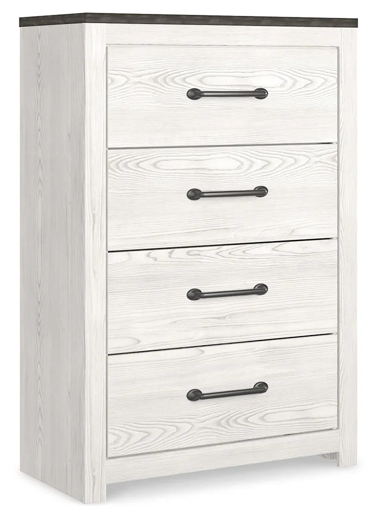 Gerridan King Panel Bed with Mirrored Dresser, Chest and Nightstand in White/Gray