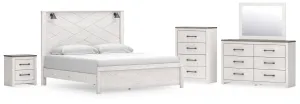 Gerridan King Panel Bed with Mirrored Dresser, Chest and Nightstand in White/Gray