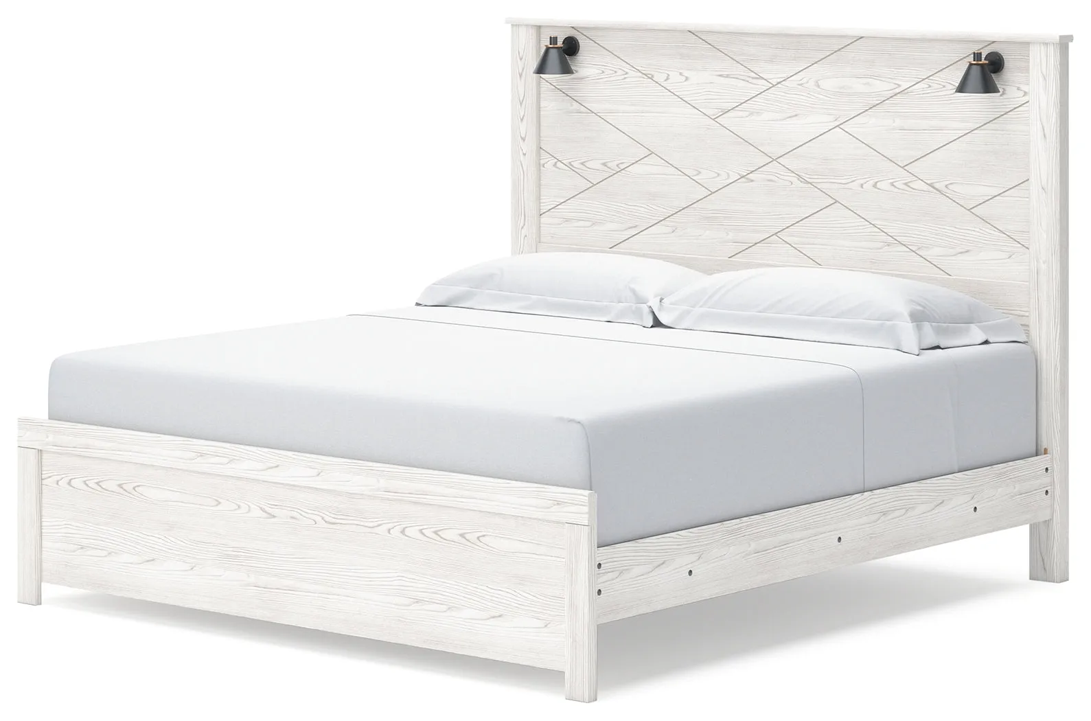 Gerridan King Panel Bed with Mirrored Dresser, Chest and Nightstand in White/Gray