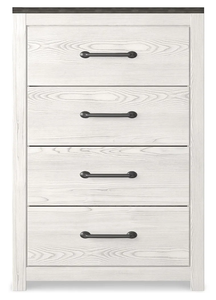 Gerridan King Panel Bed with Mirrored Dresser, Chest and Nightstand in White/Gray
