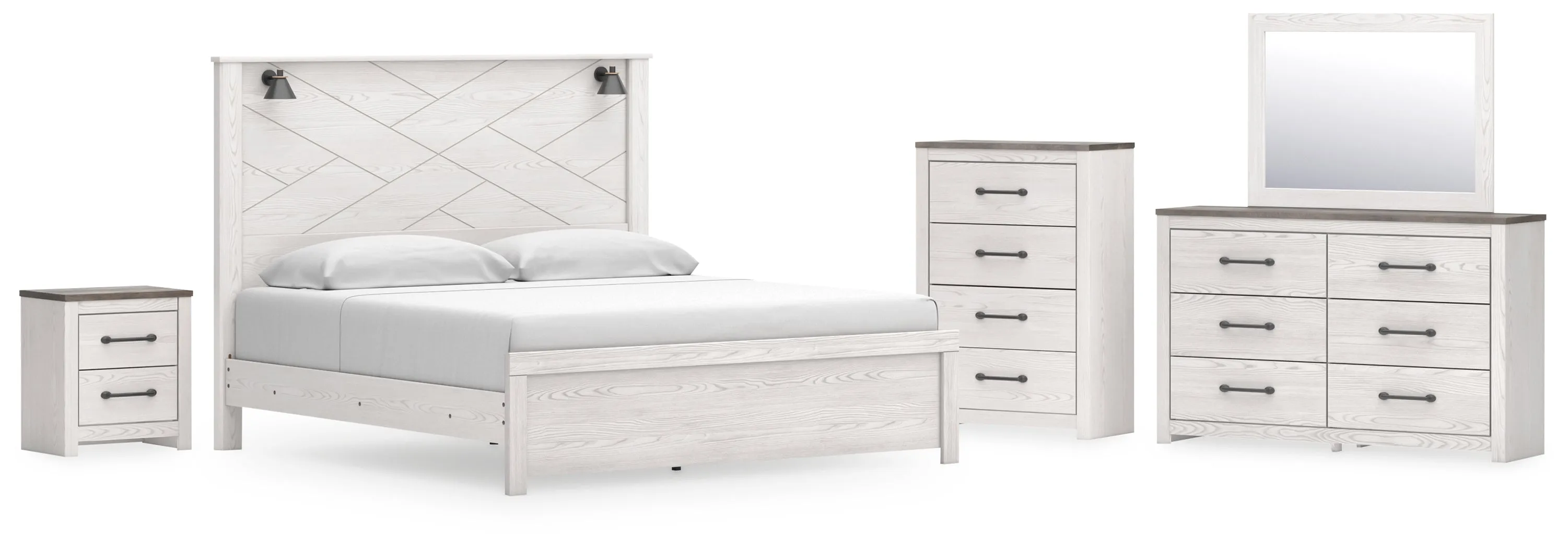 Gerridan King Panel Bed with Mirrored Dresser, Chest and Nightstand in White/Gray