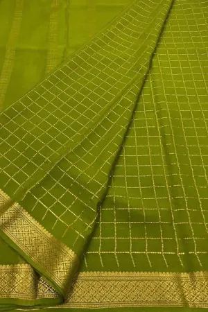 Green Handloom Mysore Pure Crepe Silk Checks Saree