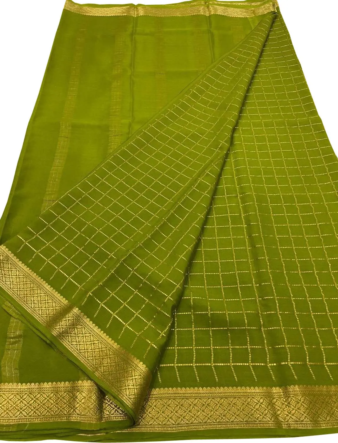 Green Handloom Mysore Pure Crepe Silk Checks Saree