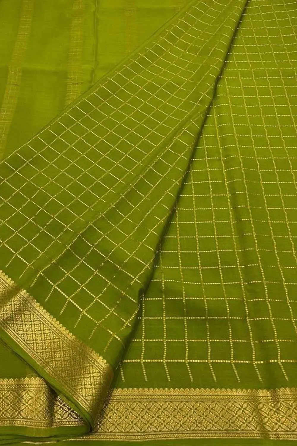 Green Handloom Mysore Pure Crepe Silk Checks Saree