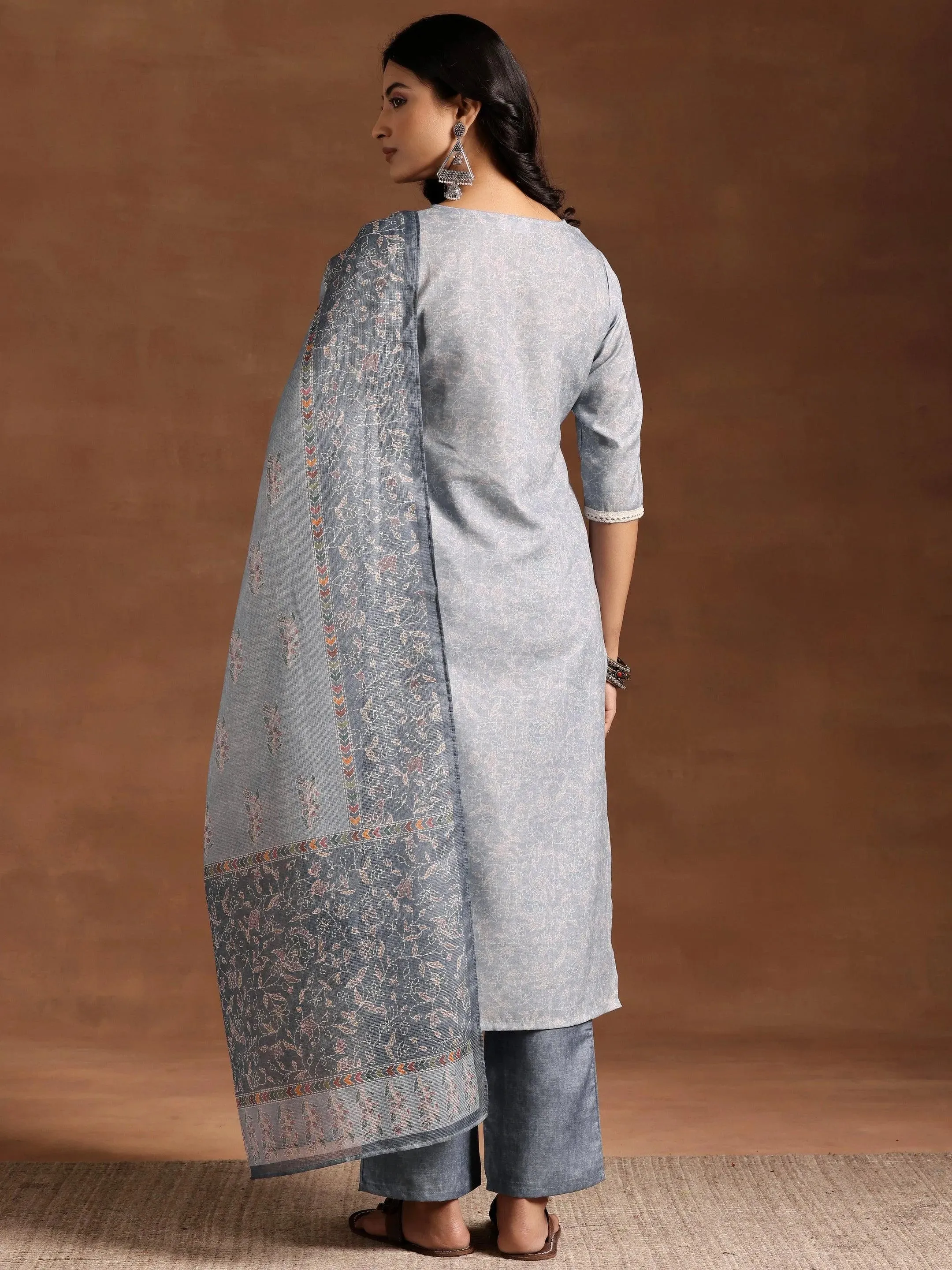 Grey Yoke Design Cotton Straight Suit With Dupatta