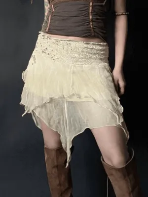 High Waist Mesh Asymmetric Hem Mini Skirt