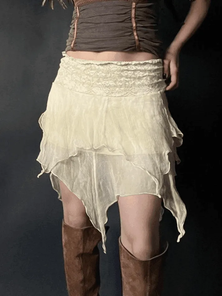 High Waist Mesh Asymmetric Hem Mini Skirt