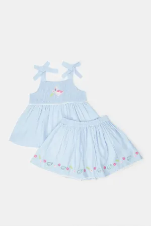 Infant Girls Blue Embroidered Casual Set (2 Piece)