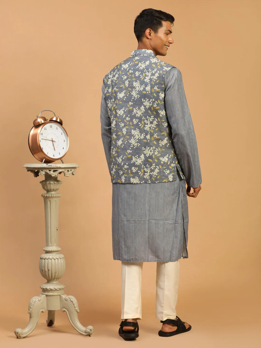 Jashvi Men's Grey Printed Nehru Jacket And kurta With Cream Viscose Pant Set