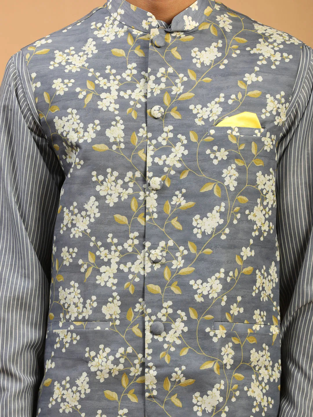 Jashvi Men's Grey Printed Nehru Jacket And kurta With Cream Viscose Pant Set